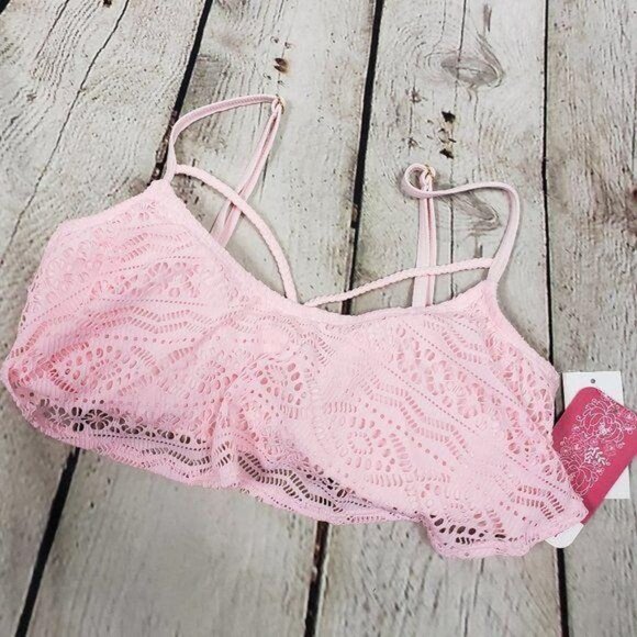 HULA HONEY Wild One Pink Crochet Flounce Bathing Suit Swimsuit Bikini Top NWT - Picture 4 of 6